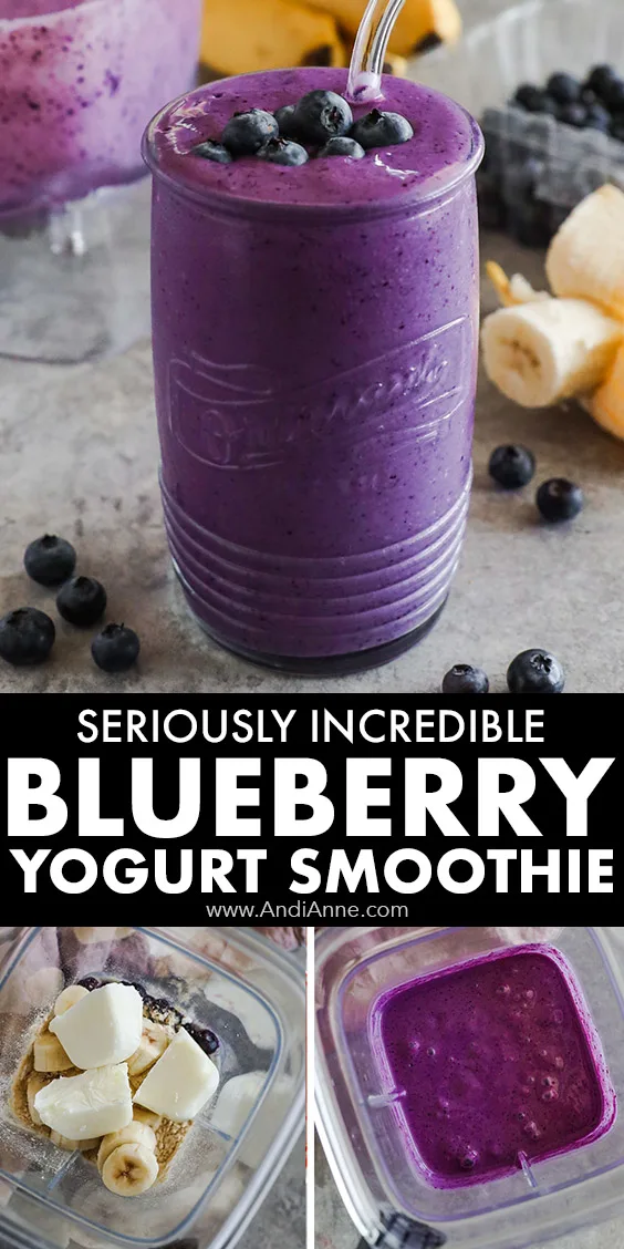 a glass of blueberry smoothie and a blender with the ingredients unmixed and then mixed.