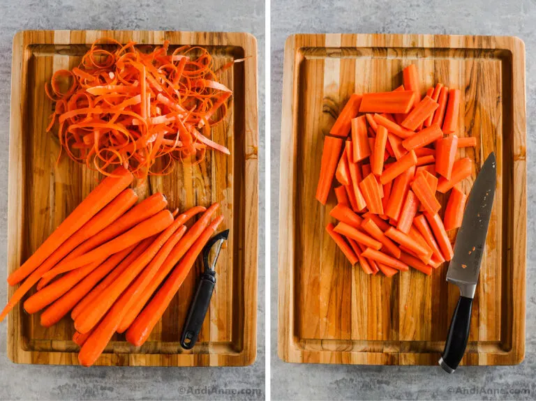 Peeled and chopped carrots on a cutting board with a knife.