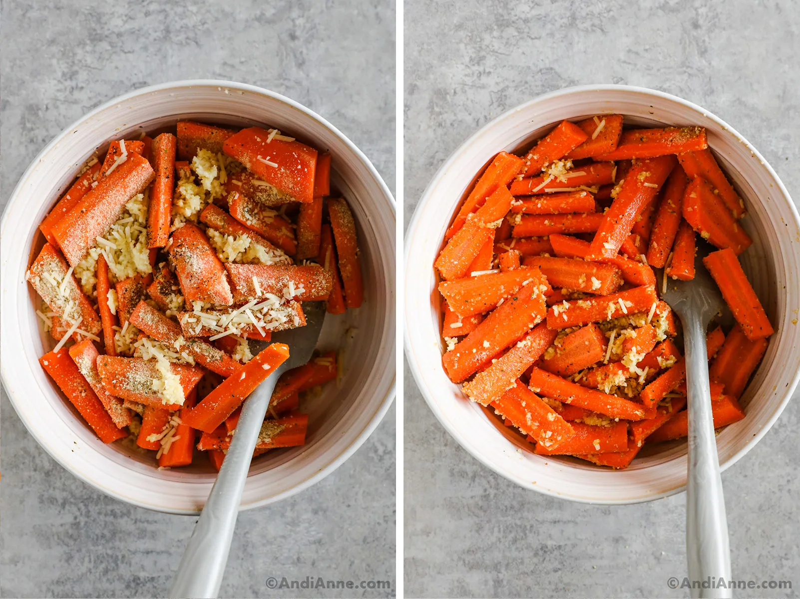 A bowl with parmesan and bread crumbs and chopped raw carrots.