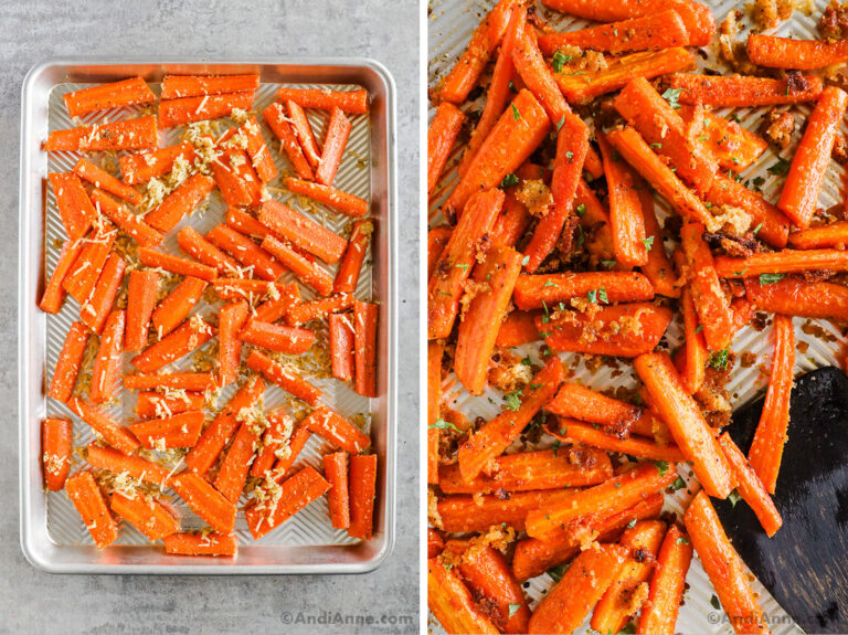 Raw sliced carrots sprinkled with parmesan and bread crumbs on a baking sheet.
