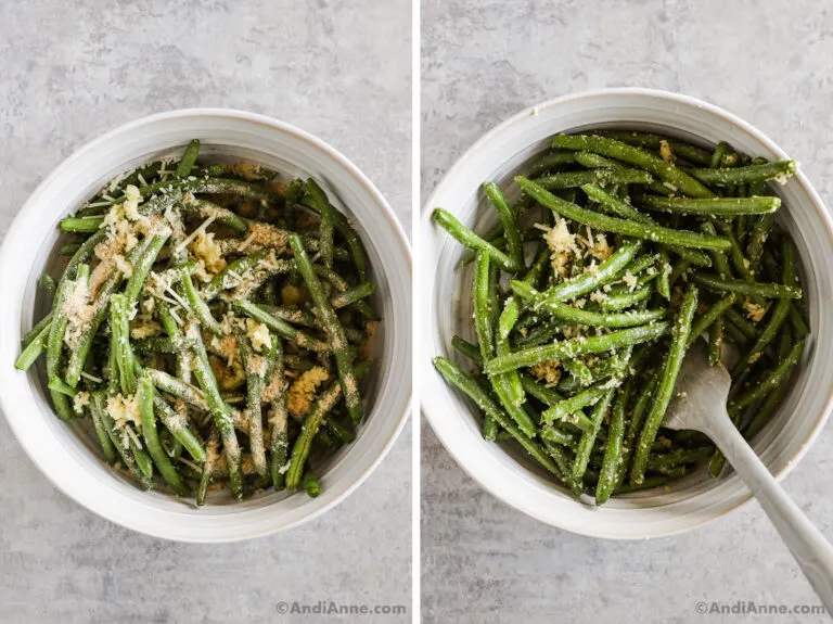 Two images of a bowl of green beans with parmesan and bread crumbs.