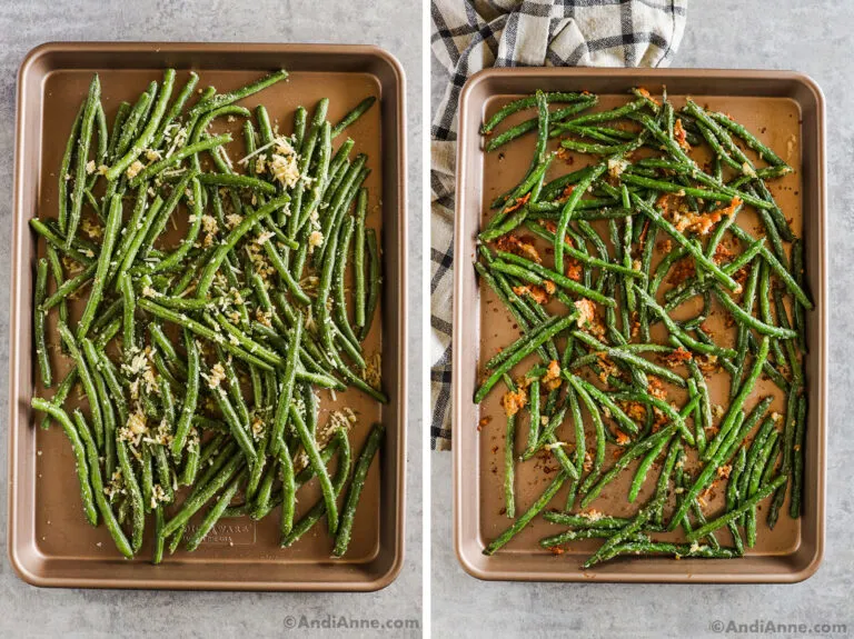 Two images of a baking sheet with green beans with crispy parmesan mixed with bread crumbs.