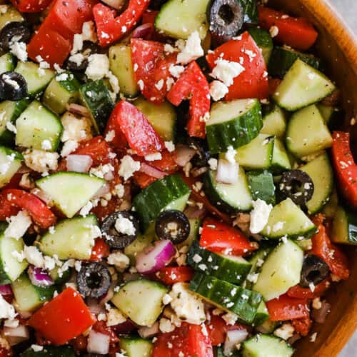 Close up of greek cucumber salad.