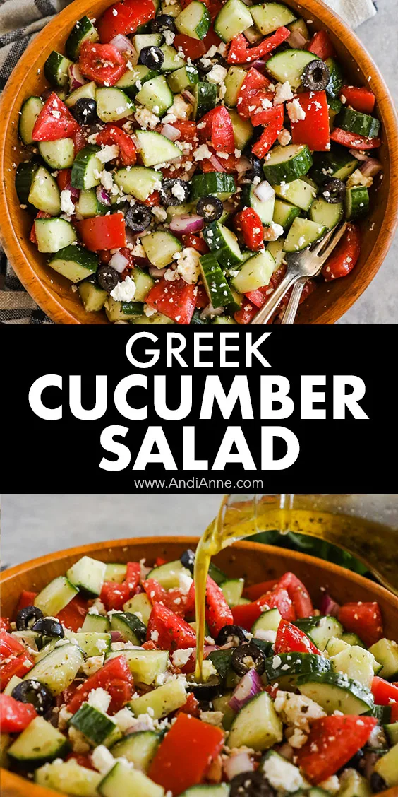 Dressing poured on top of a bowl of greek cucumber salad with tomatoes, onion, sliced olives and feta inside.