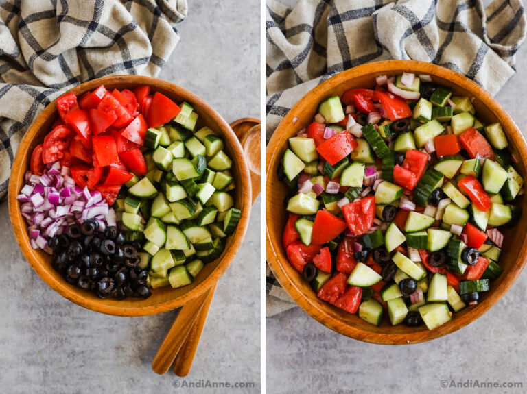 A bowl with greek cucumber salad ingredients including chopped tomato, cucumber, red onion and black olives.