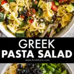 A big bowl of greek pasta salad first unmixed ingredients in a bowl, then mixed together