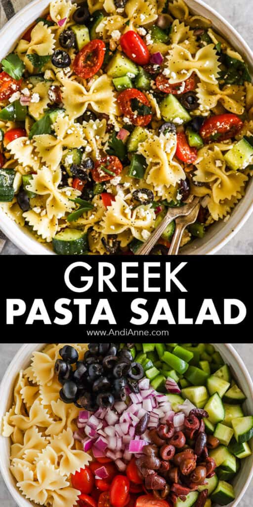 A big bowl of greek pasta salad first unmixed ingredients in a bowl, then mixed together