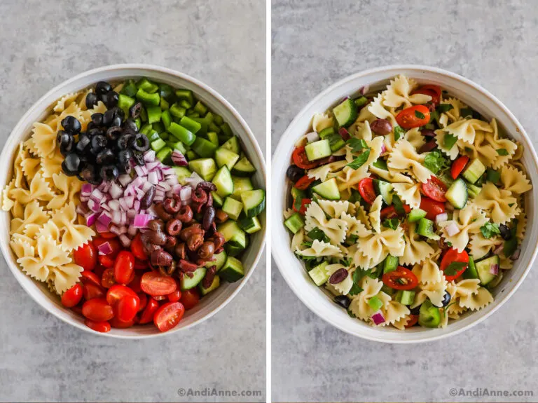 Large bowl with pasta, chopped tomato, bell pepper, cucumber, olives, and red onion to make greek pasta salad recipe.
