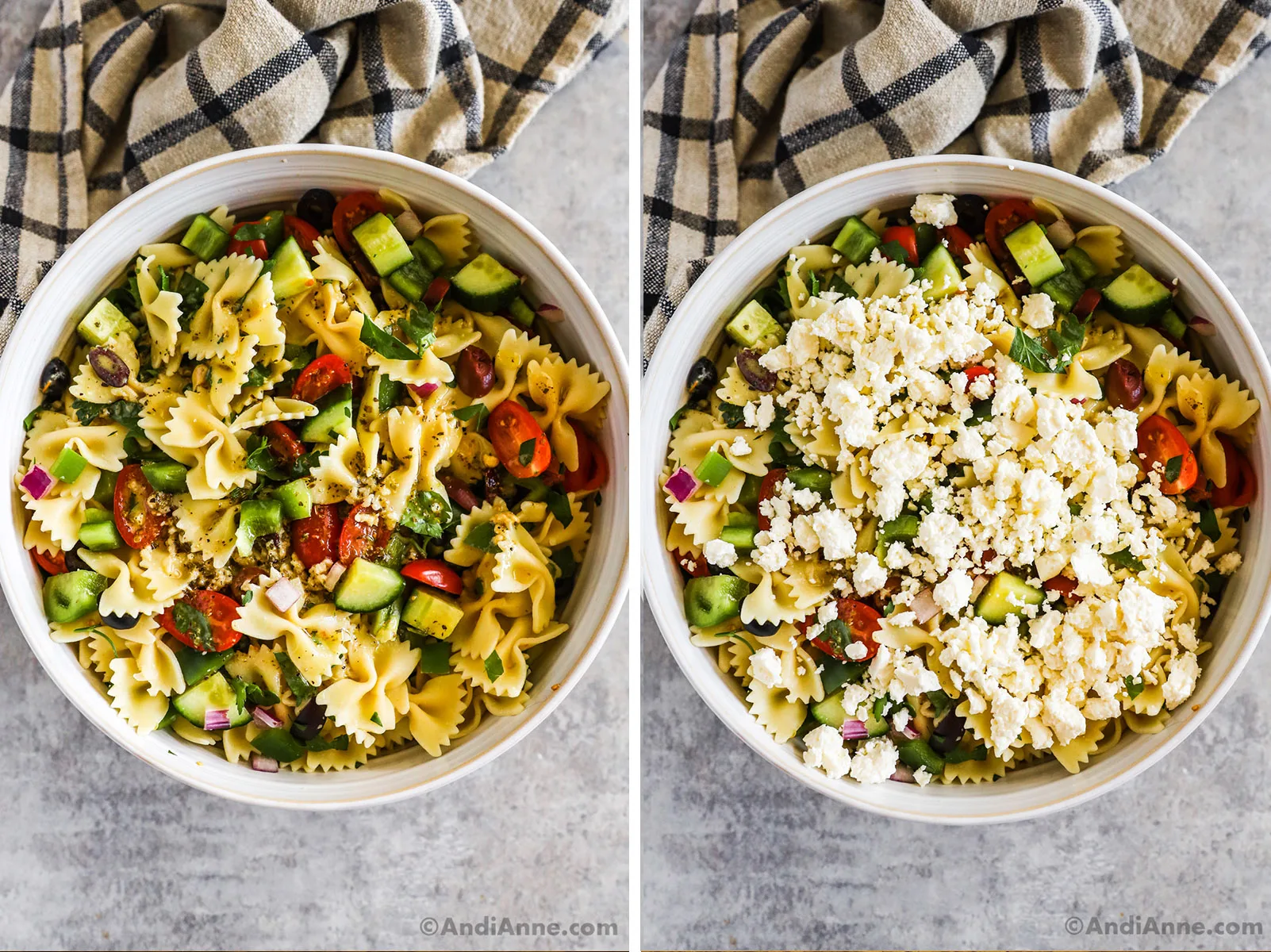 Greek pasta salad recipe in a large bowl with crumbled feta on top.