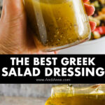 Hand holding mason jar of greek salad, and salad dressing being poured over pasta salad.