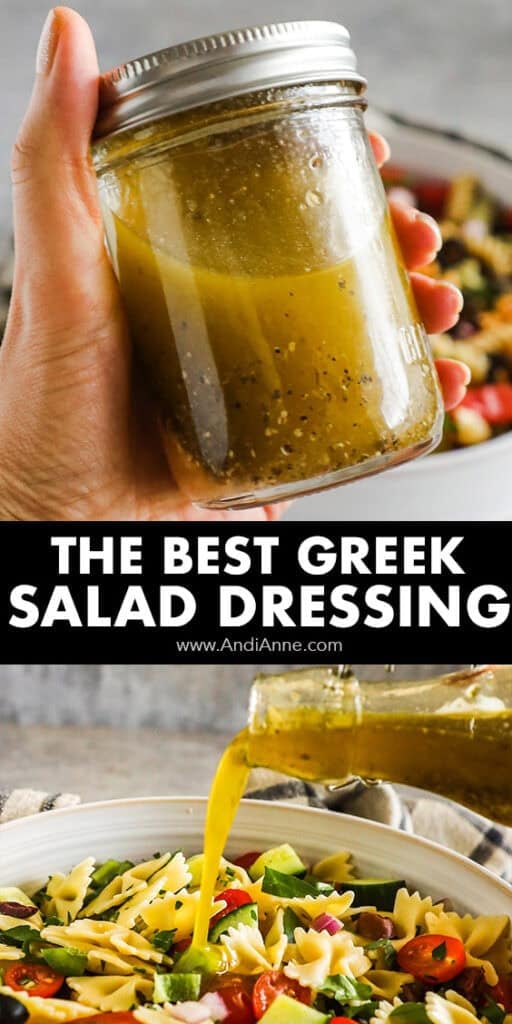 Hand holding mason jar of greek salad, and salad dressing being poured over pasta salad.
