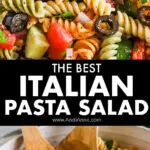 Close up of Italian Pasta Salad recipe with rotini pasta, cucumber, tomato and black olives.