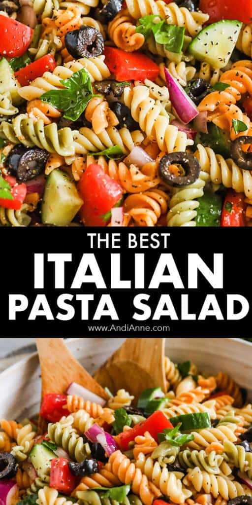 Close up of Italian Pasta Salad recipe with rotini pasta, cucumber, tomato and black olives.