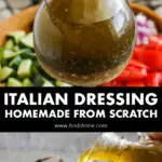A jar of italian dressing held up and then drizzled over top of salad.