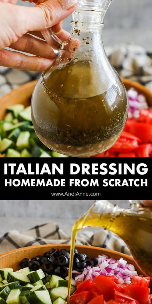 A jar of italian dressing held up and then drizzled over top of salad.