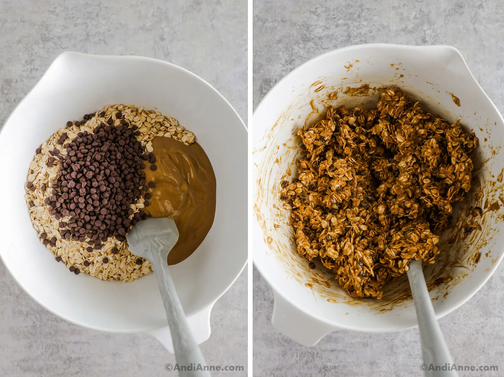 A bowl with chocolate chips, oats, peanut butter and maple syrup.