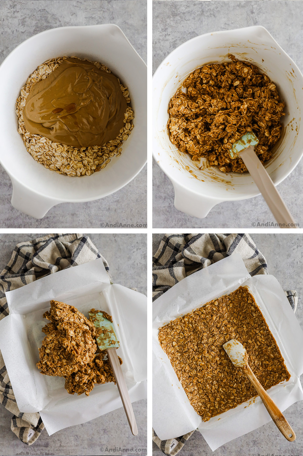 Four images showing steps to make recipe. First is rolled oats with peanut butter and maple syrup in a bowl. Second is the three ingredients mixed together. Third is ingredients dumped  into parchment pan. Fourth is ingredients smoothed out with spatula. 