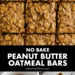 no bake peanut butter oatmeal bars, and ingredients in a bowl, then spread out in a dish.