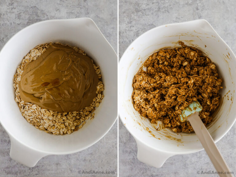 A bowl of peanut butter, rolled oats and maple syrup.