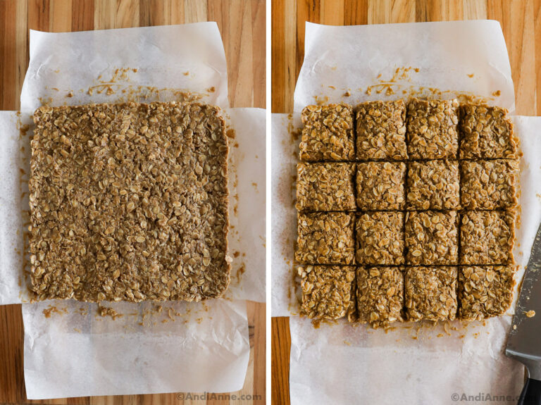Peanut butter oat mixture cut into squares