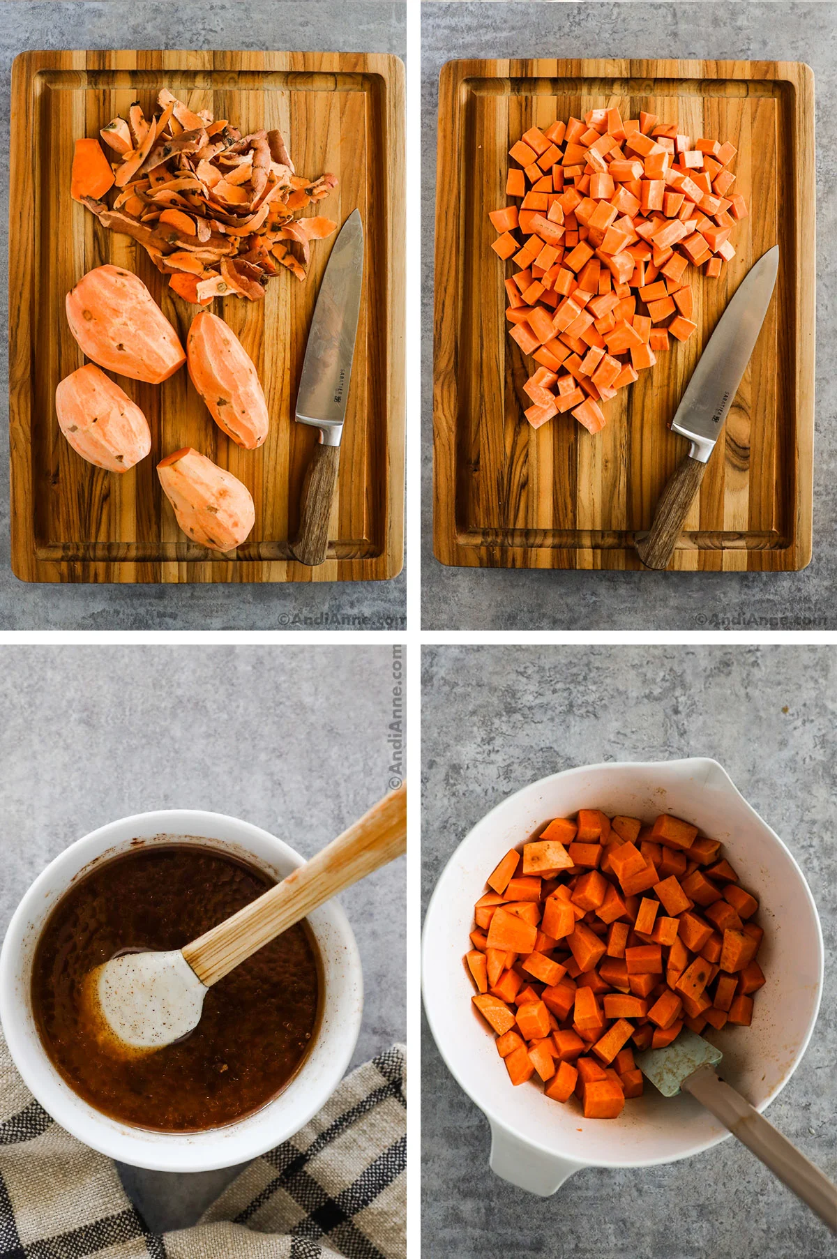 Four images showing steps to make recipe. First is peeled sweet potato, second is cubed sweet potato with knife, third is sauce mixed in a bowl, fourth is cubed sweet potato tossed with sauce ingredients.