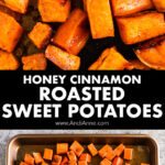Honey cinnamon roasted sweet potatoes on a baking sheet.