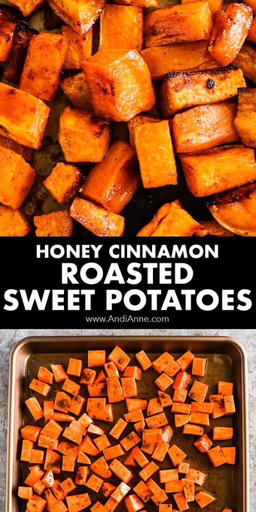 Honey cinnamon roasted sweet potatoes on a baking sheet.