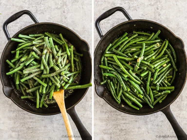 Green beans tossed with seasonings in a skillet.