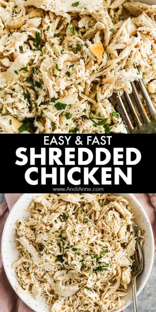 close up of shredded chicken with a fork in a bowl.