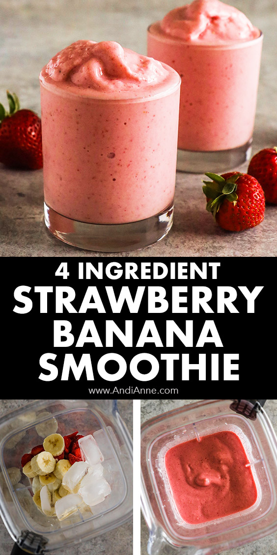 Glasses of strawberry banana smoothie, and blender with the 4 ingredients to make the smoothie.