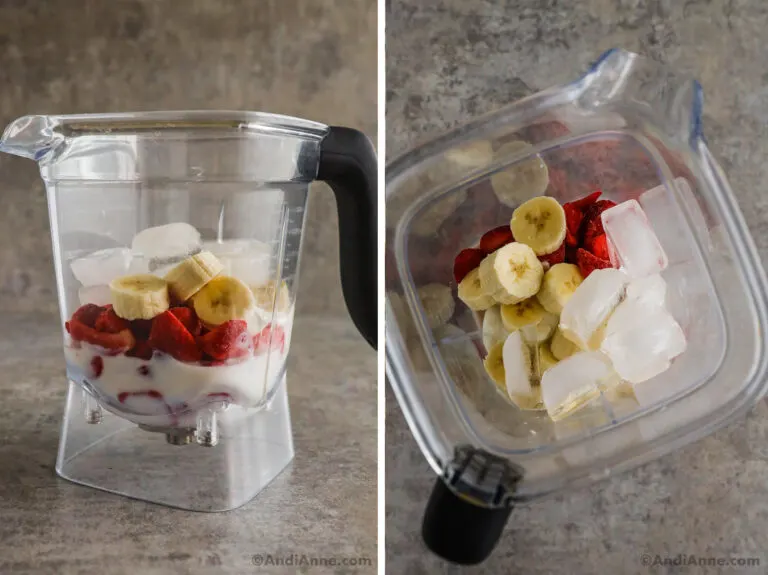 A blender with ice, banana, milk and strawberries.