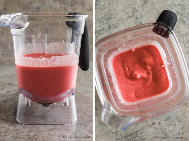 A blender cup with strawberry banana smoothie inside.