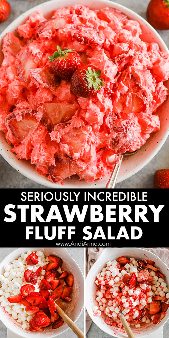 Bowls of strawberry jello fluff salad ingredients and final recipe all mixed together.