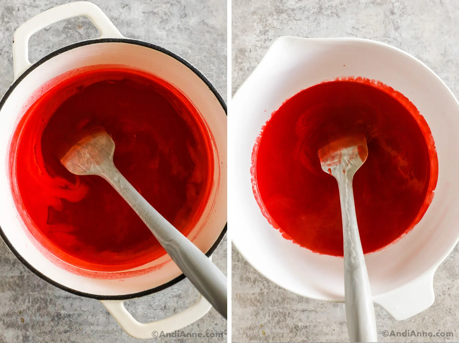 Hot red liquid made from jello and pudding mix in a bowl.