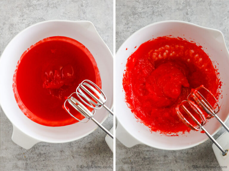 Jello and pudding mix beaten together with hand mixer to create a red mixture.