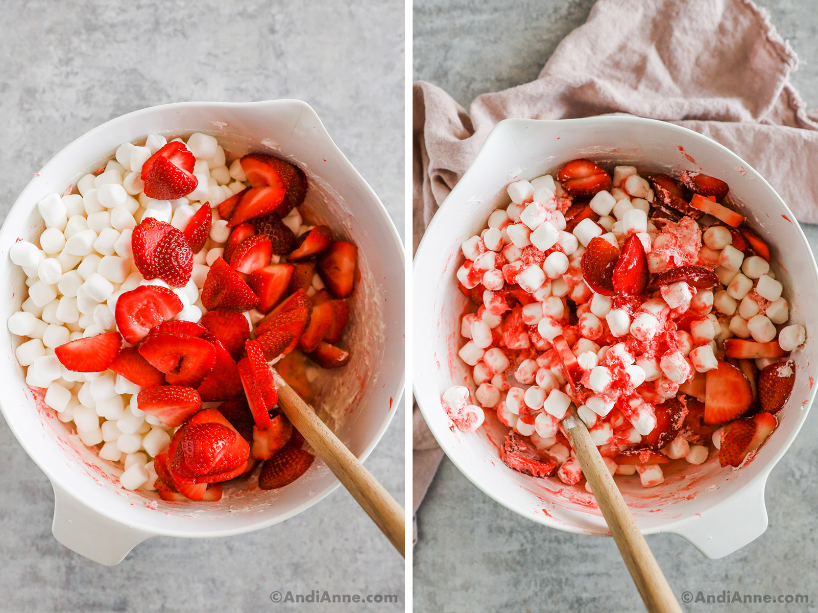 Mini marshmallows and sliced strawberries mixed into strawberry gelatin mixture.