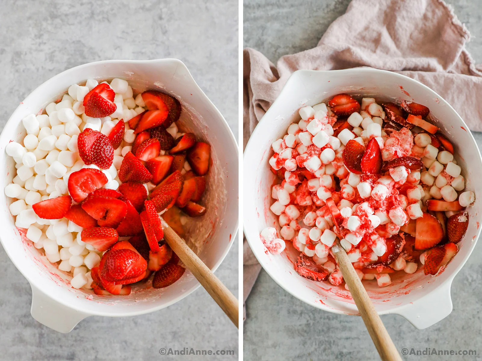Mini marshmallows and sliced strawberries mixed into strawberry gelatin mixture.