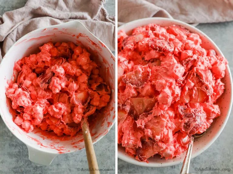 Strawberry jello fluff salad recipe in a serving bowl with a spoon.