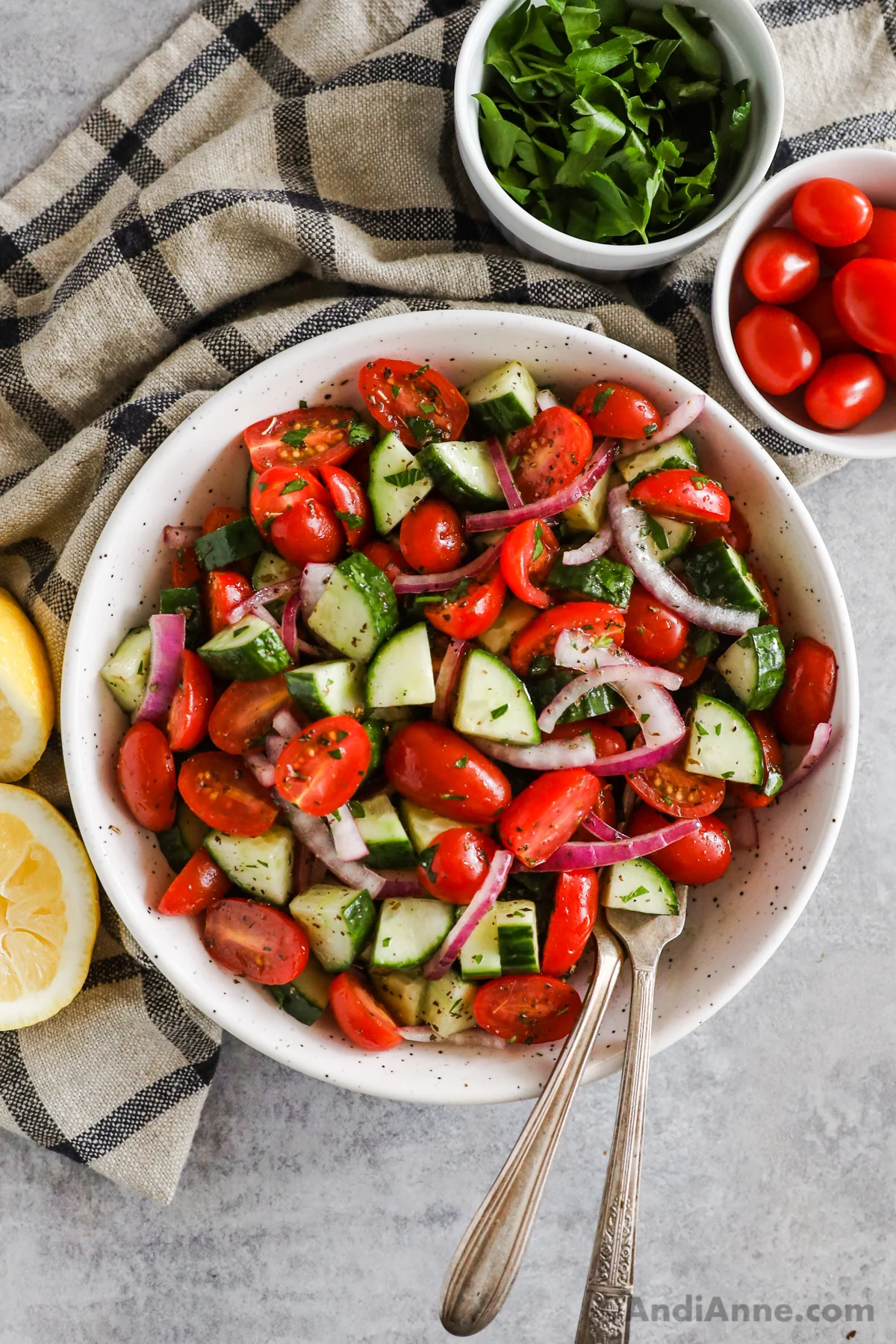 A bowl of tomato cucumber salad.
