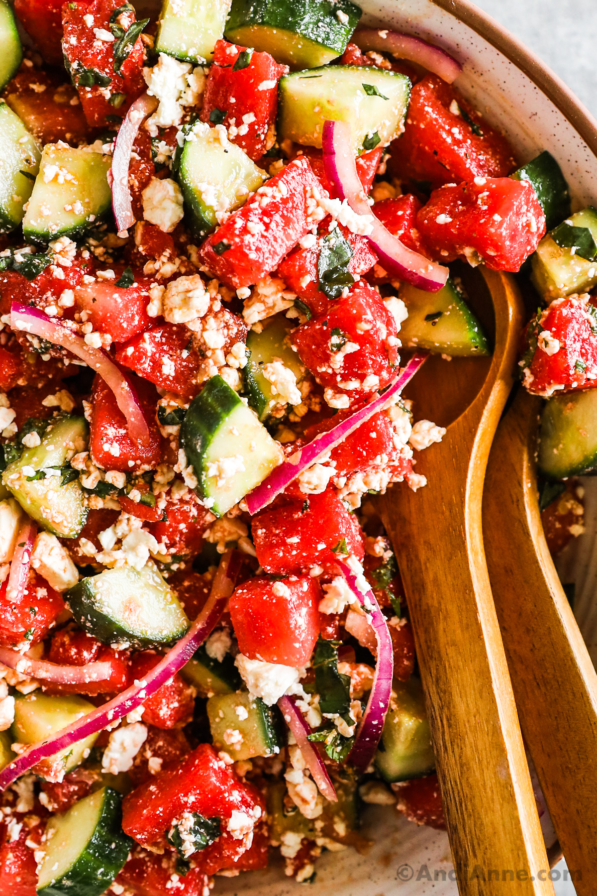 Close up of watermelon cucumber salad with feta cheese and slice onion.