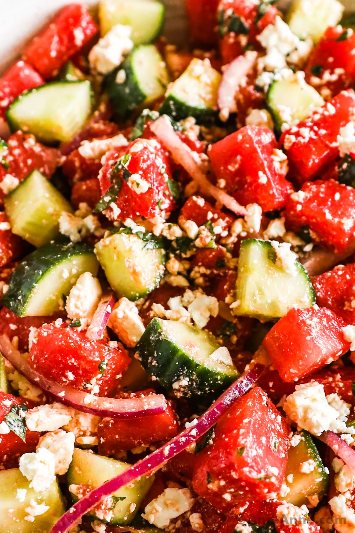 Close up of watermelon arugula salad.