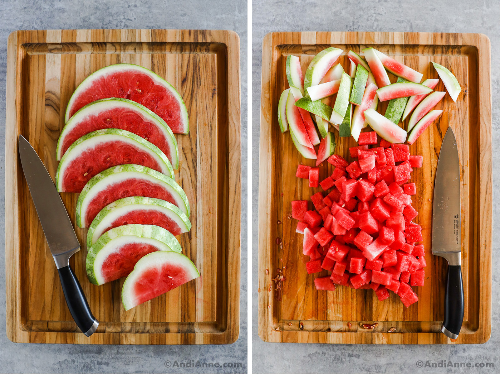 Sliced watermelon on a cutting board with a knife.