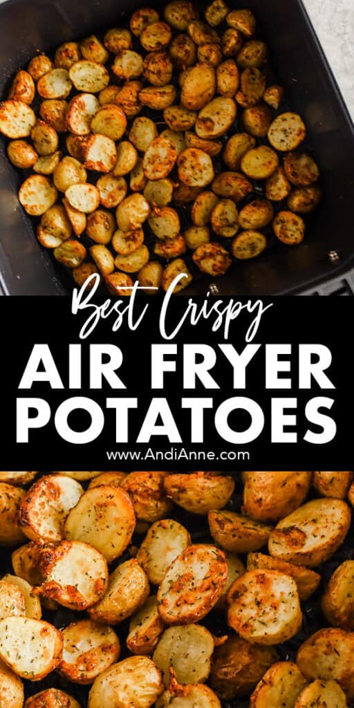 The best crispy air fryer potatoes inside the fryer basket with close up detail.