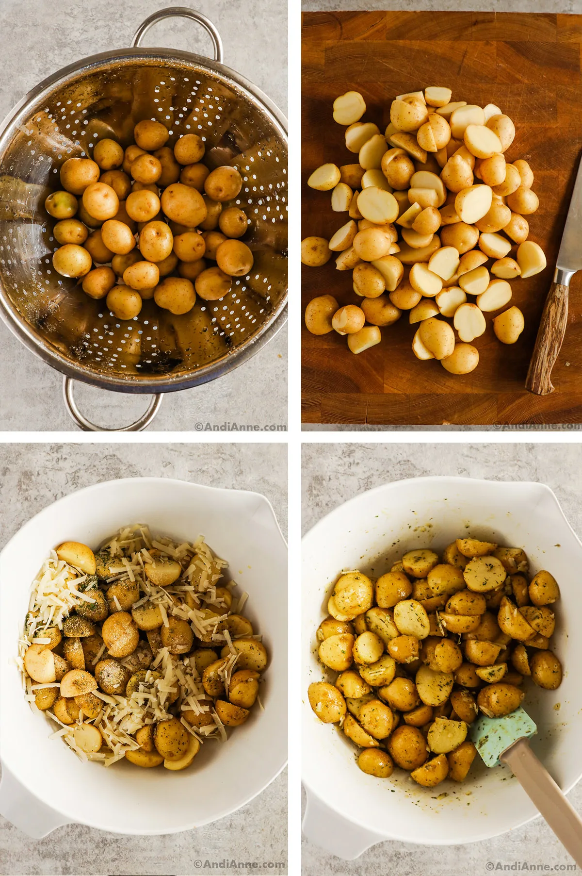 Four images. First is strainer with baby potatoes, second is sliced baby potatoes on a cutting board, third image is a bowl with potatoes, parmesan cheese and spices dumped in. Fourth is baby potatoes tossed with the parmesan and spices in the bowl.
