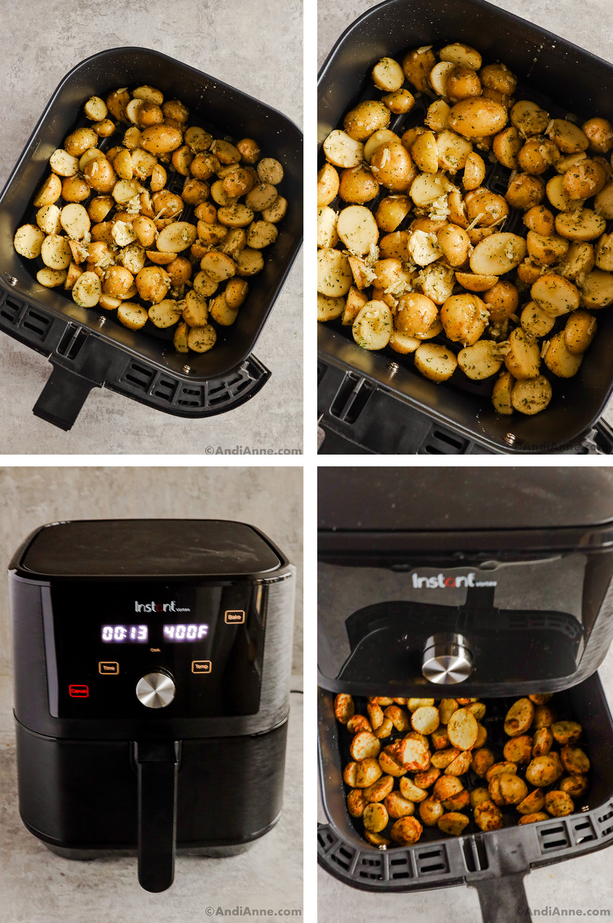 An air fryer with crispy potatoes in the basket. Four different pictures showing the angles.