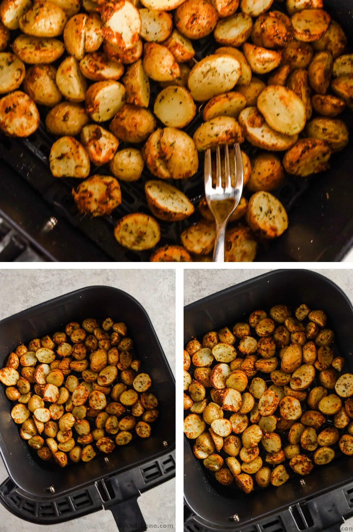 Three images looking into an air fryer with crispy baby potatoes.