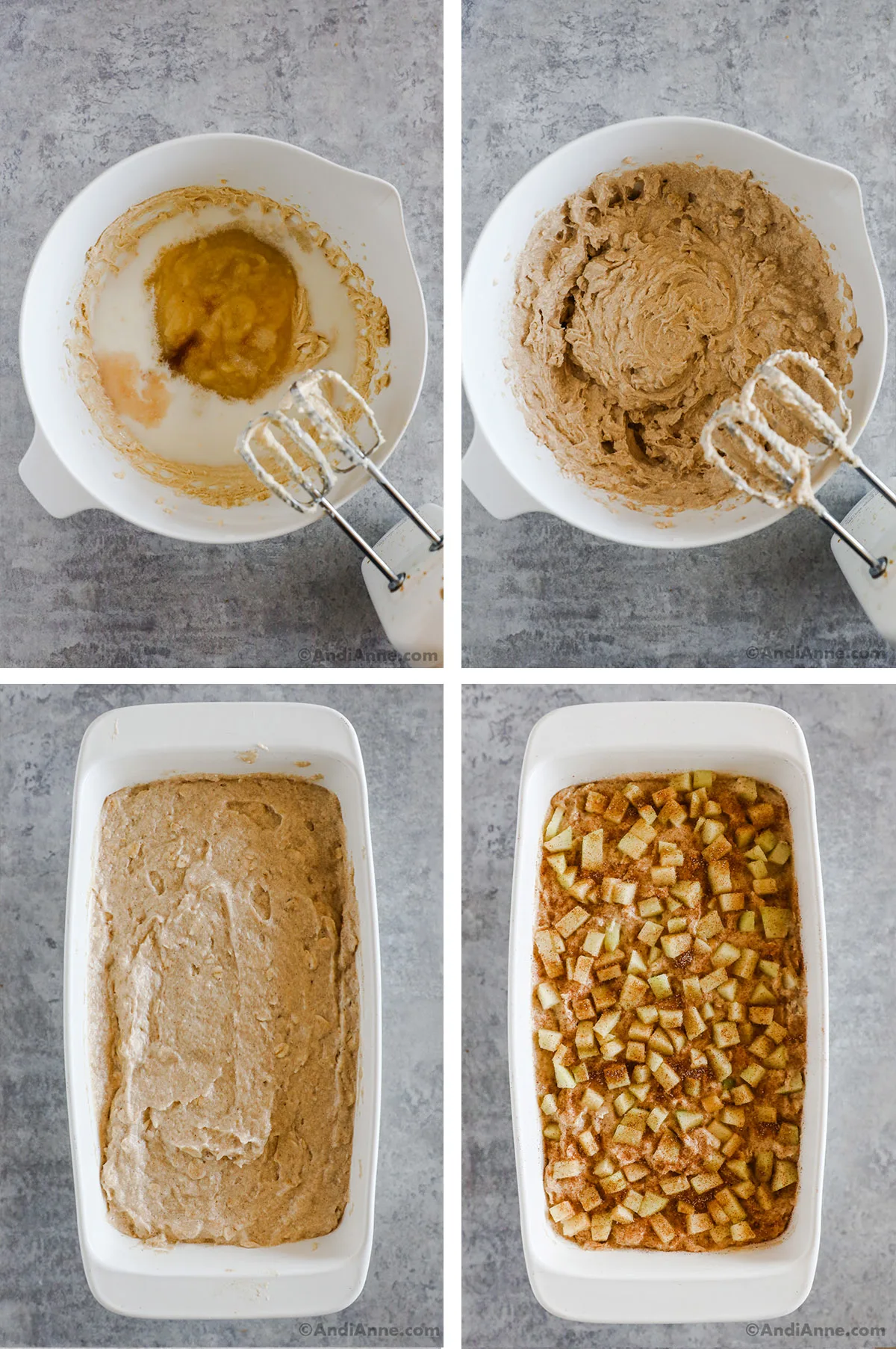 Four overhead images of ingredients in bowl. 1. Butter and sugars mixed. 2. Dry ingredients mixed with wet. 3. Mixed ingredients in Loaf Pan. 4. Loaf pan with apples sprinked on top of mixed ingredients. 
