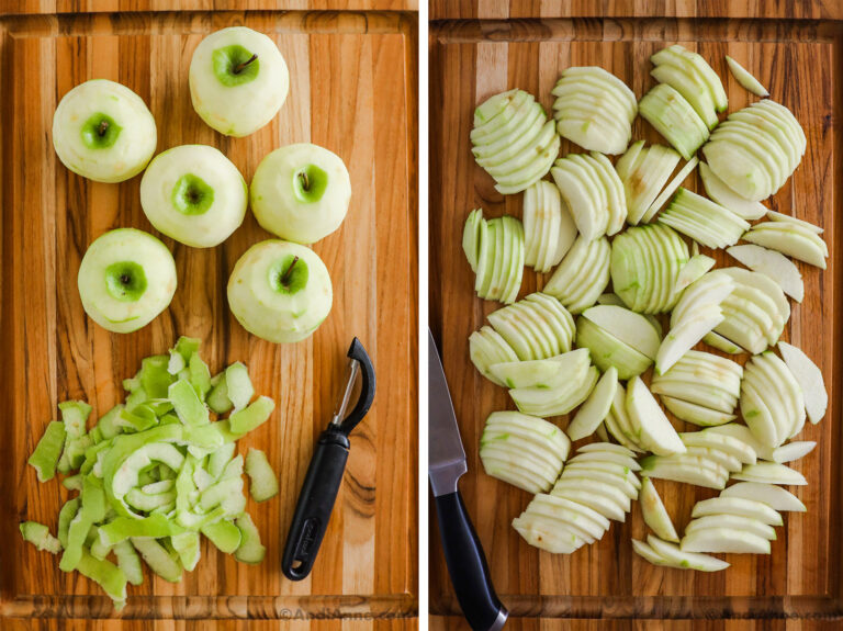 Peeled and sliced green apples.