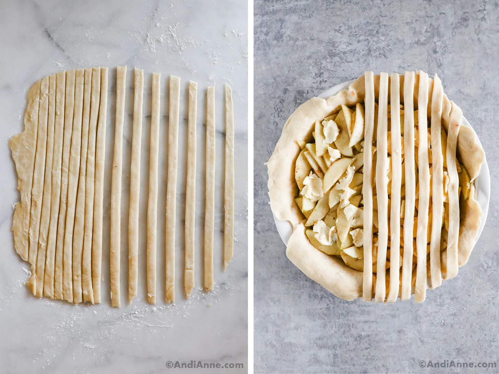 Strips of pie dough on top of unbaked apple pie.