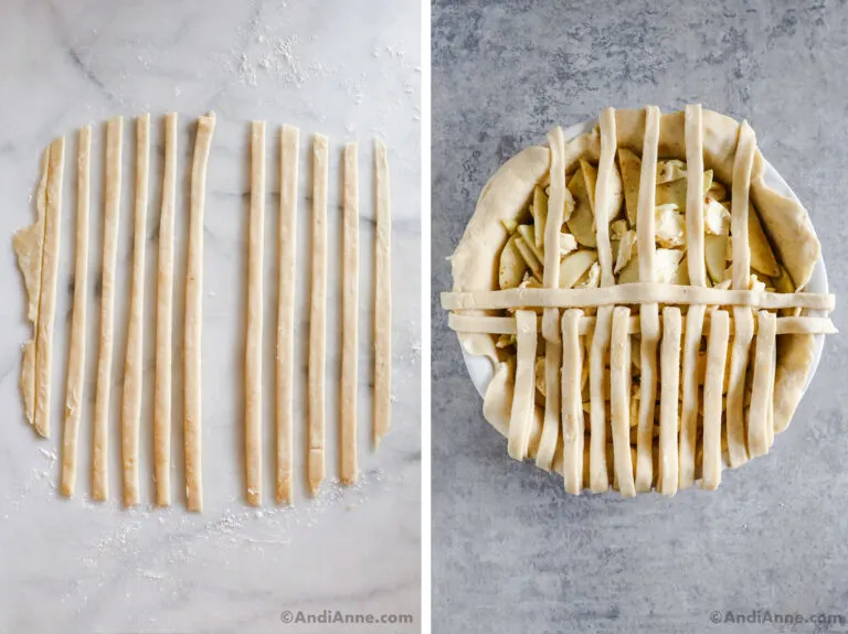 Unbaked pie with unfinished woven lattice crust and strips of pie crust.